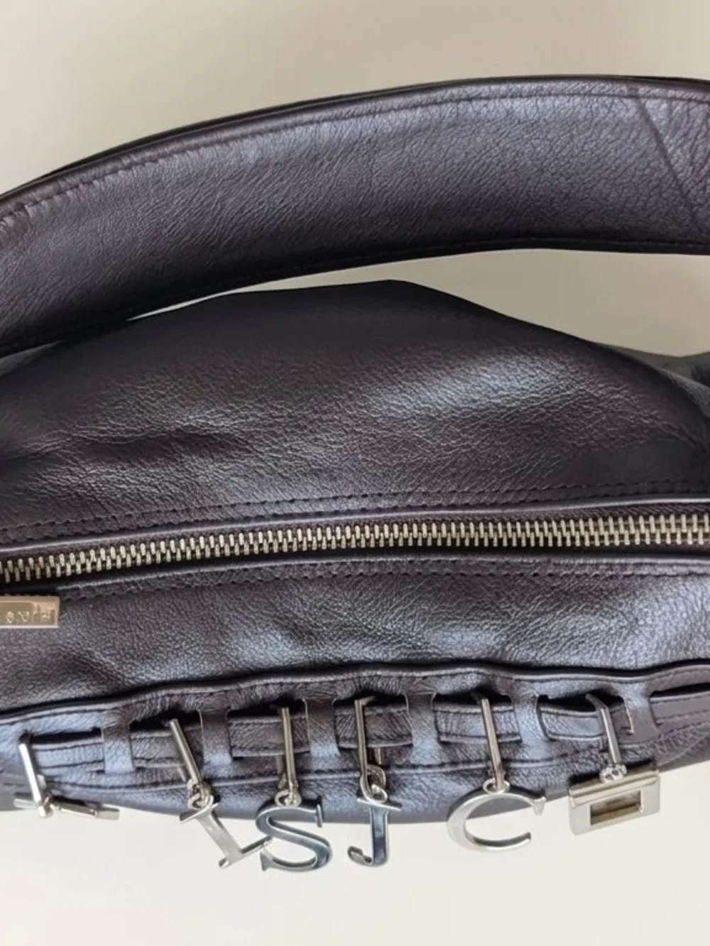Vintage Brown Leather Shoulder Bag with Letter Charms